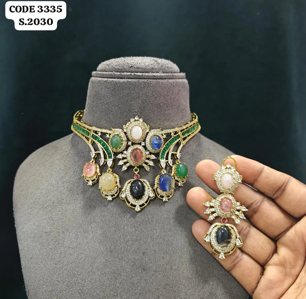 Luxury Multi Stone Bridal Choker Necklace Set for Women Wedding Party Designer Ethnic Jewelry Gift Collection Premium Set