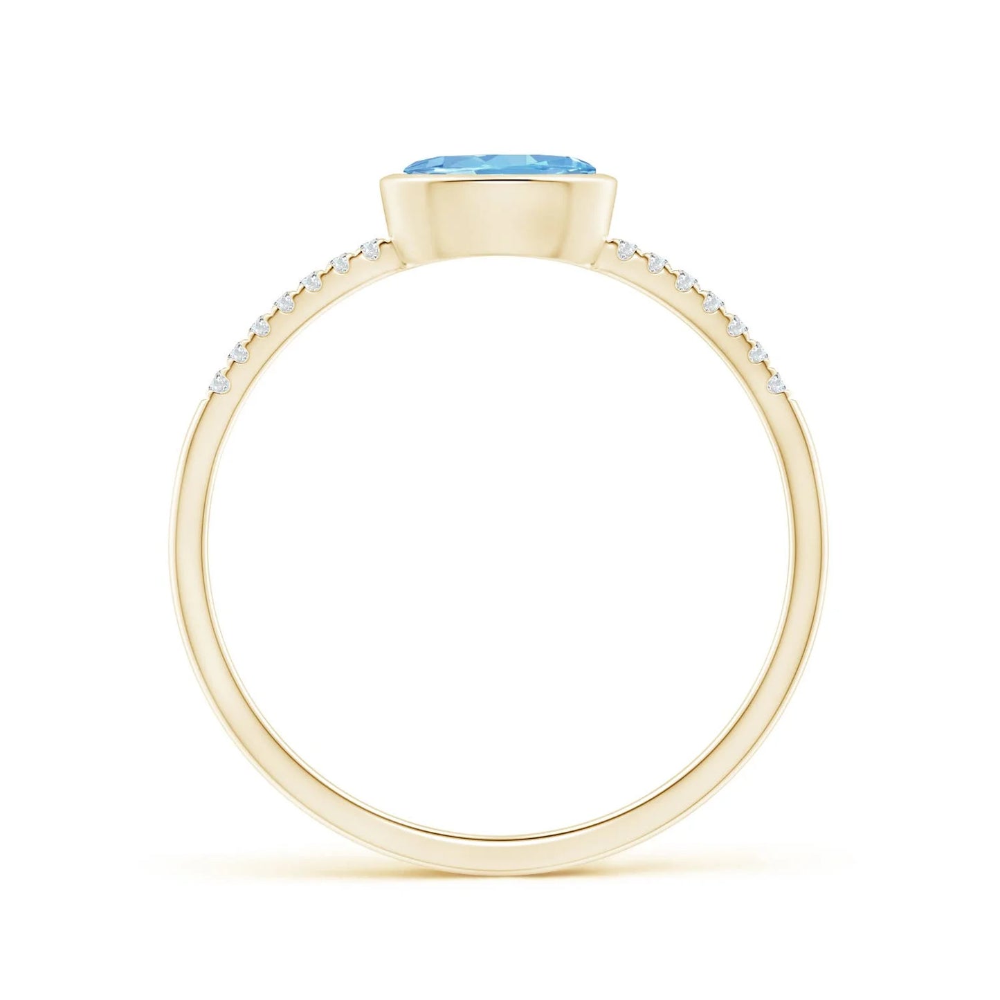 14K Gold East-West Bezel-Set 6*4MM Oval Cut Aquamarine And Pave Diamond Ring 0.50Ctw Gemstone & 0.05Ct Diamond Solitaire Ring