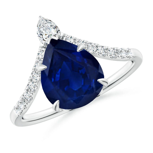 14K Pure Gold Prong Set 8x6MM 1.40Ctw Natural Blue Sapphire Gemstone Chevron Ring With 0.19Ct Pave Diamond Handmade Wedding Ring