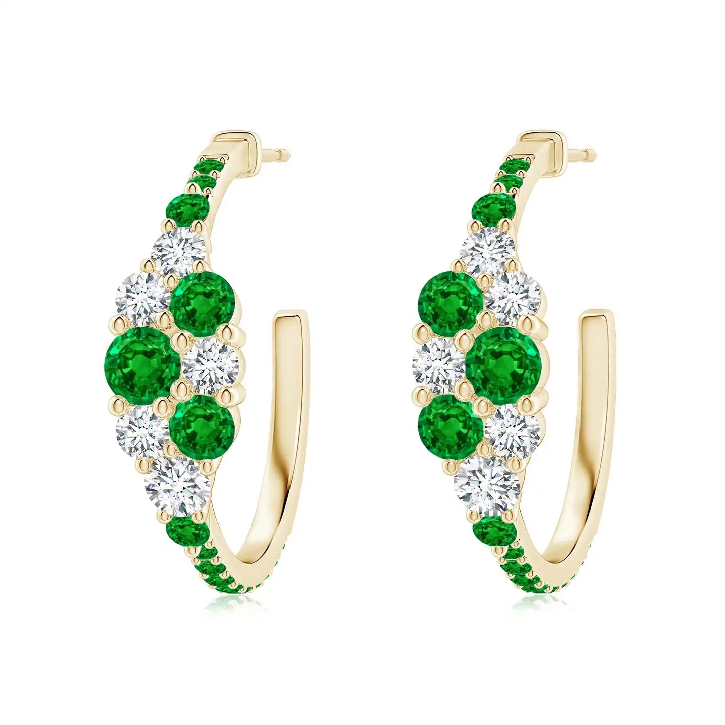 Cluster Hoop Design with Round Emeralds and Diamonds, Floral-Inspired Setting, 14kt Solid Gold Finish and Hinged Closure