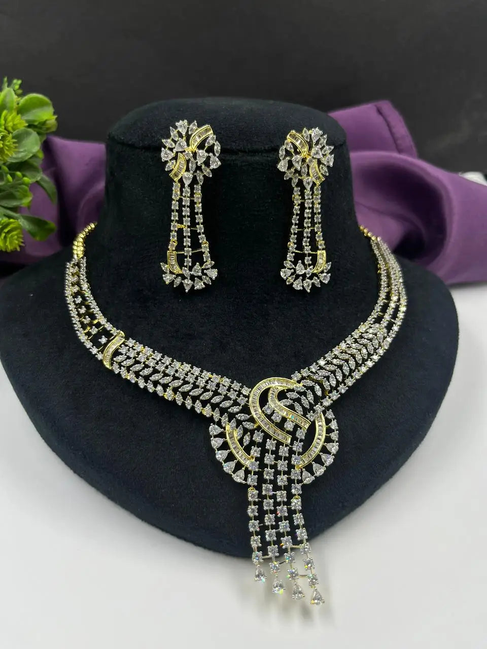CZ diamond golden Necklace Earrings Jewelry Set for Women | Rhodium Alloy Handmade Imitation Indian Fashion Gift Anniversary Set