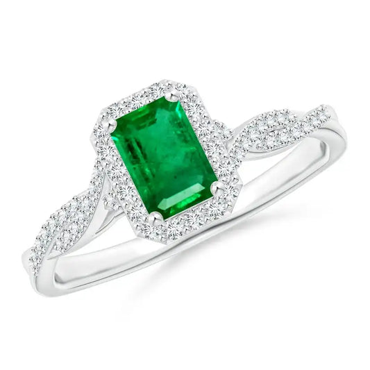 14K Solid Gold Emerald-Cut Emerald Halo Twisted Shank Ring Handmade Customized Fine Jewelry Wedding Engagement & Party Wear