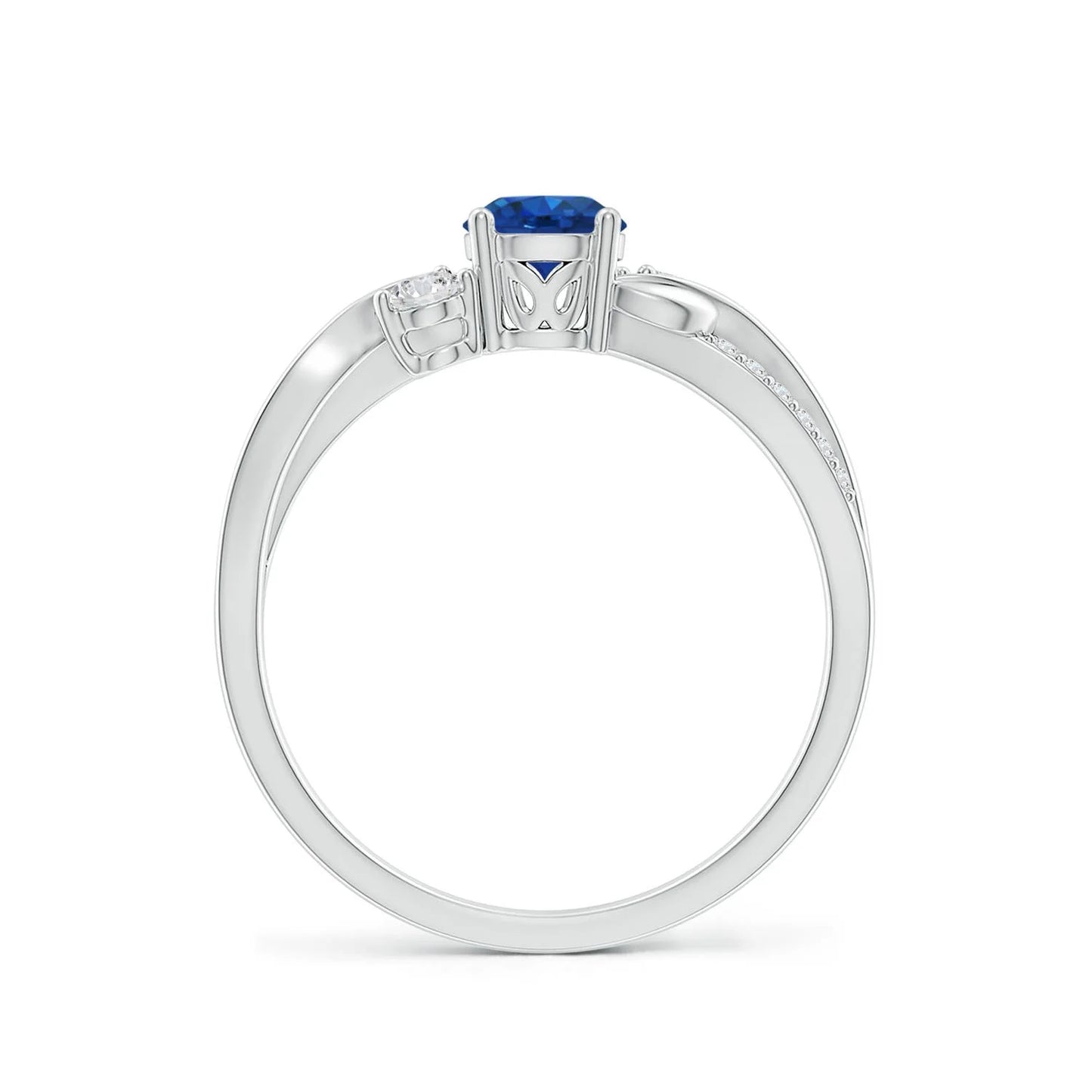 14K Solid Gold Prong Sett Round Cut Natural Blue Sapphire Ring Hot Selling 2026 Pave Diamond Accent Twisted Band Engagement Ring