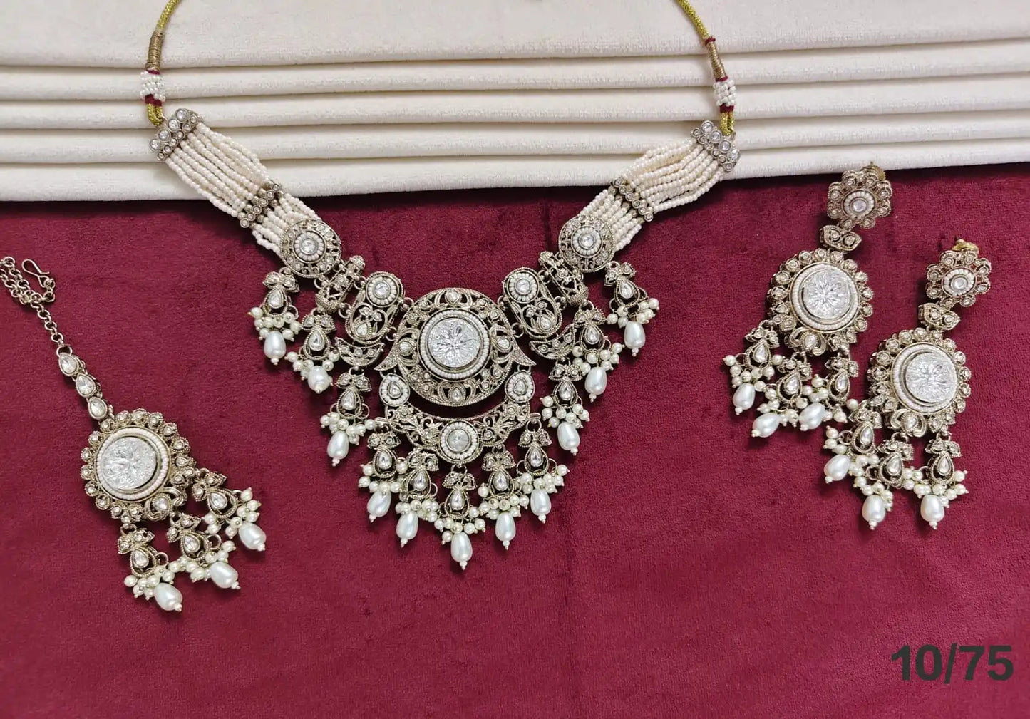 Luxury Oxidised Pearl Beaded Necklace Set with Aqua Blue Stones Designer Bridal Party Wear Jewelry Set with Earrings  for women