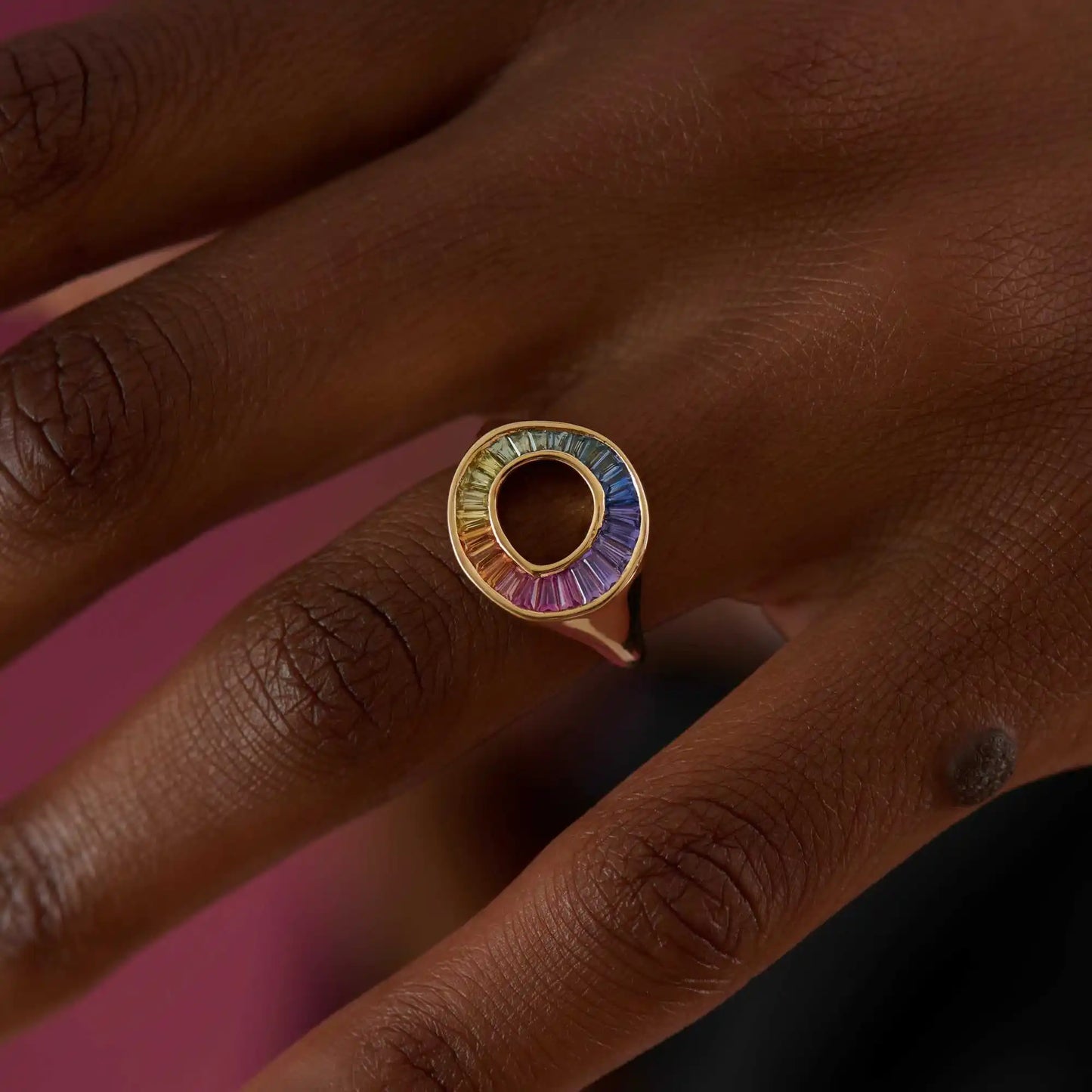 14K Solid Gold Natural Multi Color Rainbow Sapphire Baguette Sphere Ring 2.5mm Band Width 1 Carat Rainbow Sapphire Sphere Rings