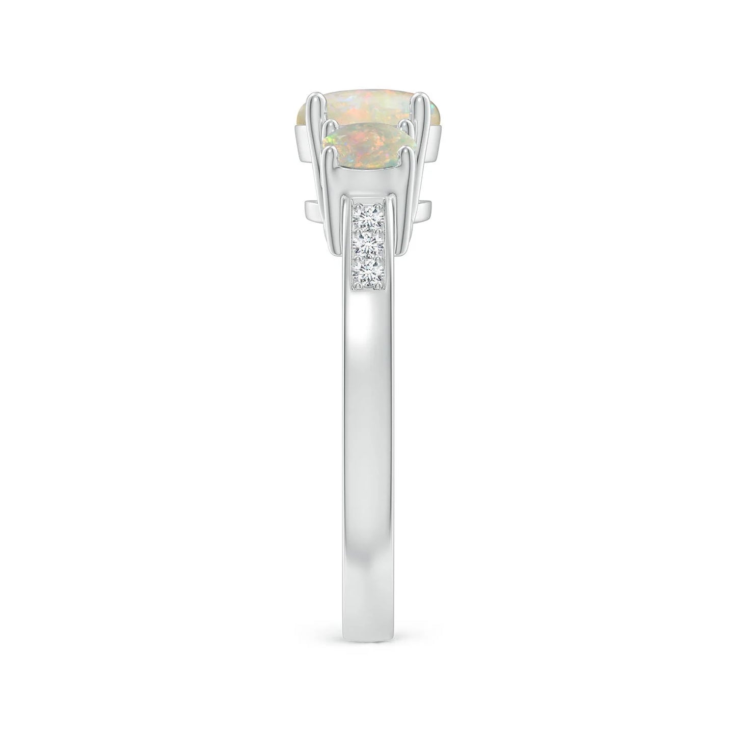 14k Solid Gold 7mm & 4mm 2.20 Ctw Round Cut Opal With pave Accent Diamond Ring Three Stone Prong Sett Trilogy Ring Fine Jewelry
