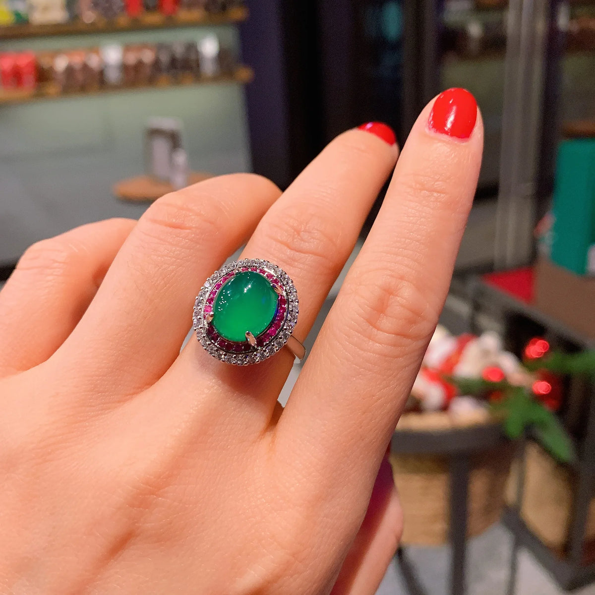 Gemfiori Luxury Oval Cabochon Green Chalcedony Double Halo Ruby White CZ Pendant Necklace Ring Earring Simulated Emerald Jewelry Set Gift