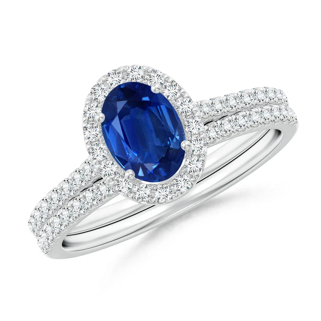 14K Solid Gold Classic Blue Sapphire and Diamond Bridal Set Handmade Customized Fine Jewelry Wedding Engagement Ring