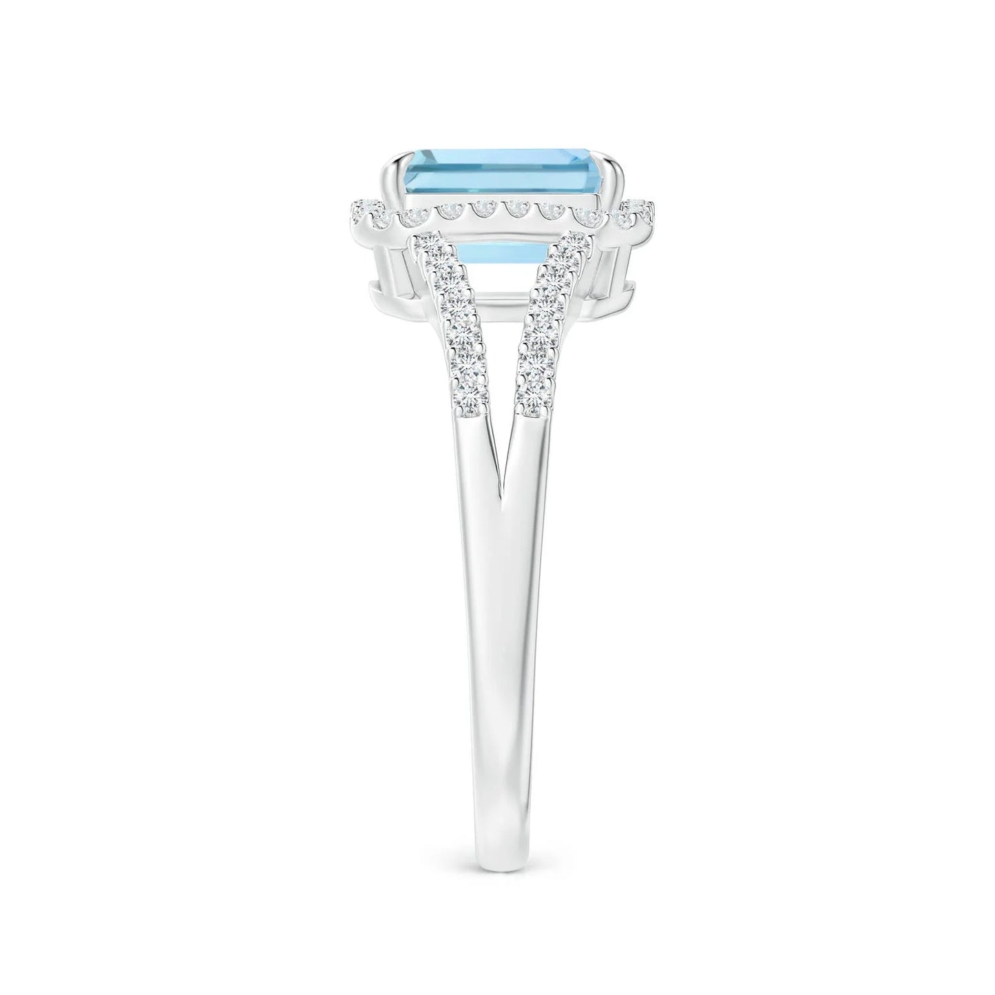 14K Gold Emerald-Cut Natural Aquamarine With Pave Accent Diamond Split Shank Halo Ring Custom Handmade Jewelry Engagement Ring