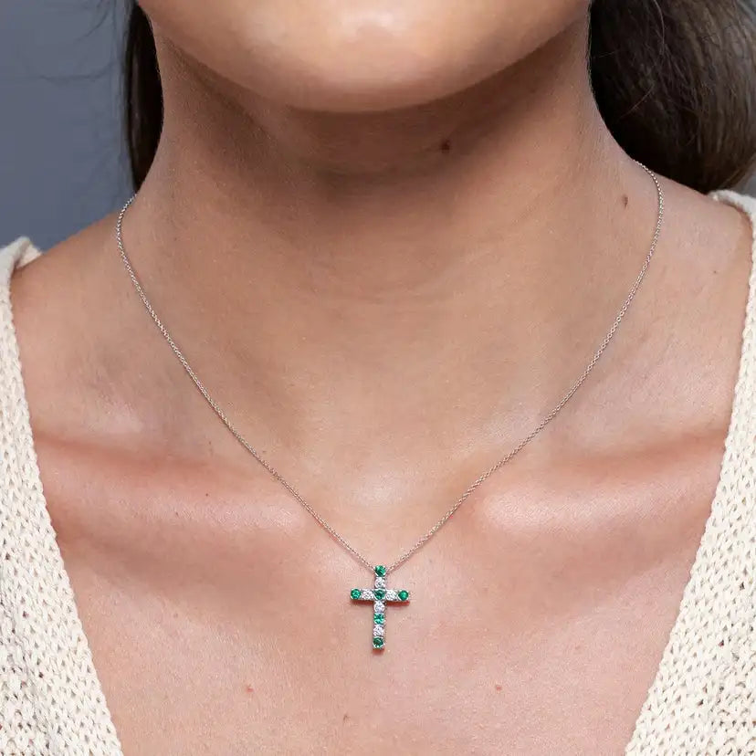 14K Pure Gold IGI Certified Cross Pendant Christmas Gift Flat Prong-Set 2MM 0.27Ctw Green Emerald & 0.18Ct Diamond Cross Pendant