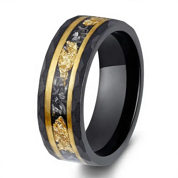 Classic 8mm Black Tungsten Carbide Ring Gold Foil Iron Shavings Inlay Wedding Band Men Anniversary Jewelry