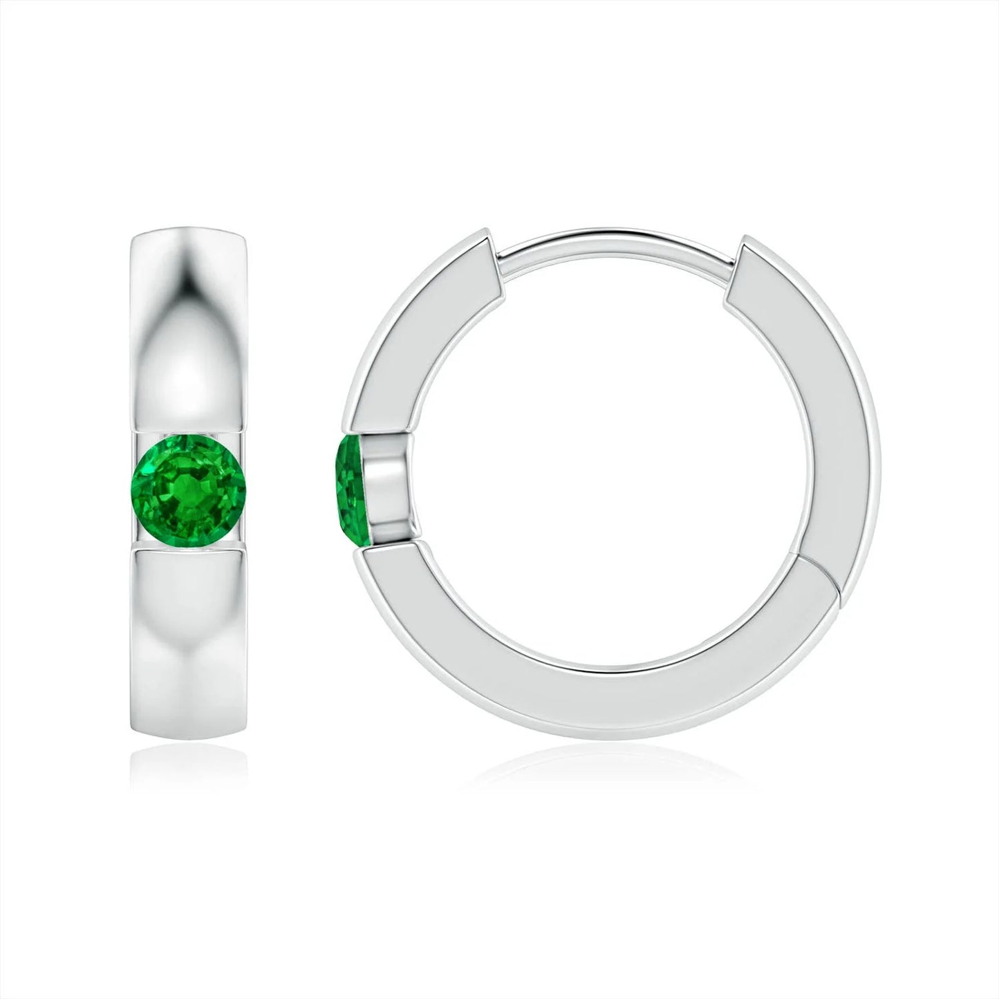 14kt White Gold Emerald Huggie Hoop Earrings Round Cut Bezel Set Minimalist Luxury Fine Jewelry for Women Gift for Wife