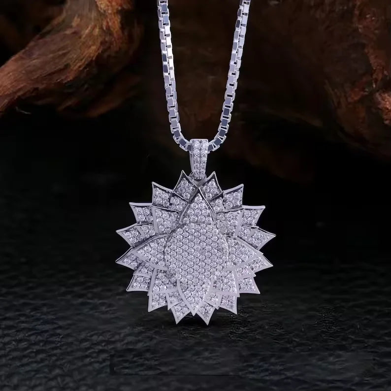 BiG-BOSS Iced Out Flower Pendant Moissanite Bezel Setting Silver Tone Layered Petal Design Luxury Hip Hop Jewelry for Men Women Party