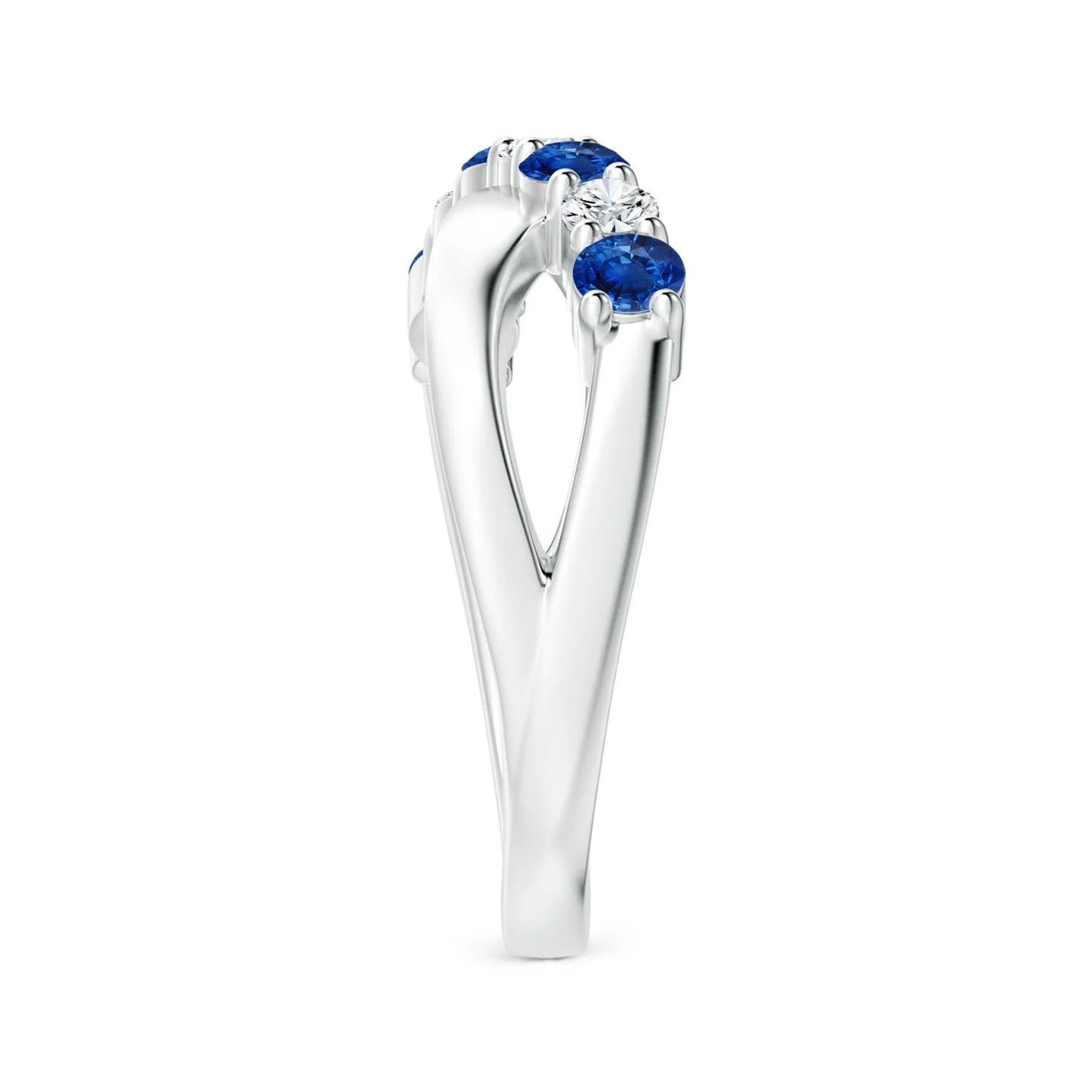 14K/18K Gold Natural Round Cut Blue Sapphire & White Diamond Ladies Crossover Shank Engagement Ring Custom Handmade Fine Jewelry