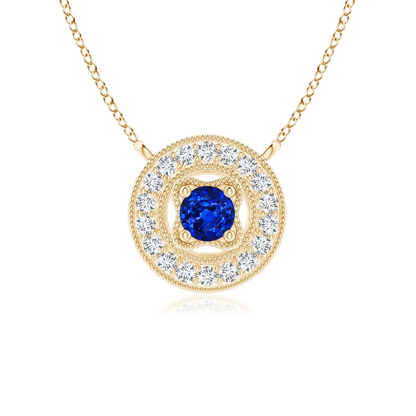 18K Solid Vintage Style Natural 2.5MM Round Cut 0.06 Ctw Blue Sapphire Halo Pendant with 0.06Ct Real Diamond Milgrain Detailing