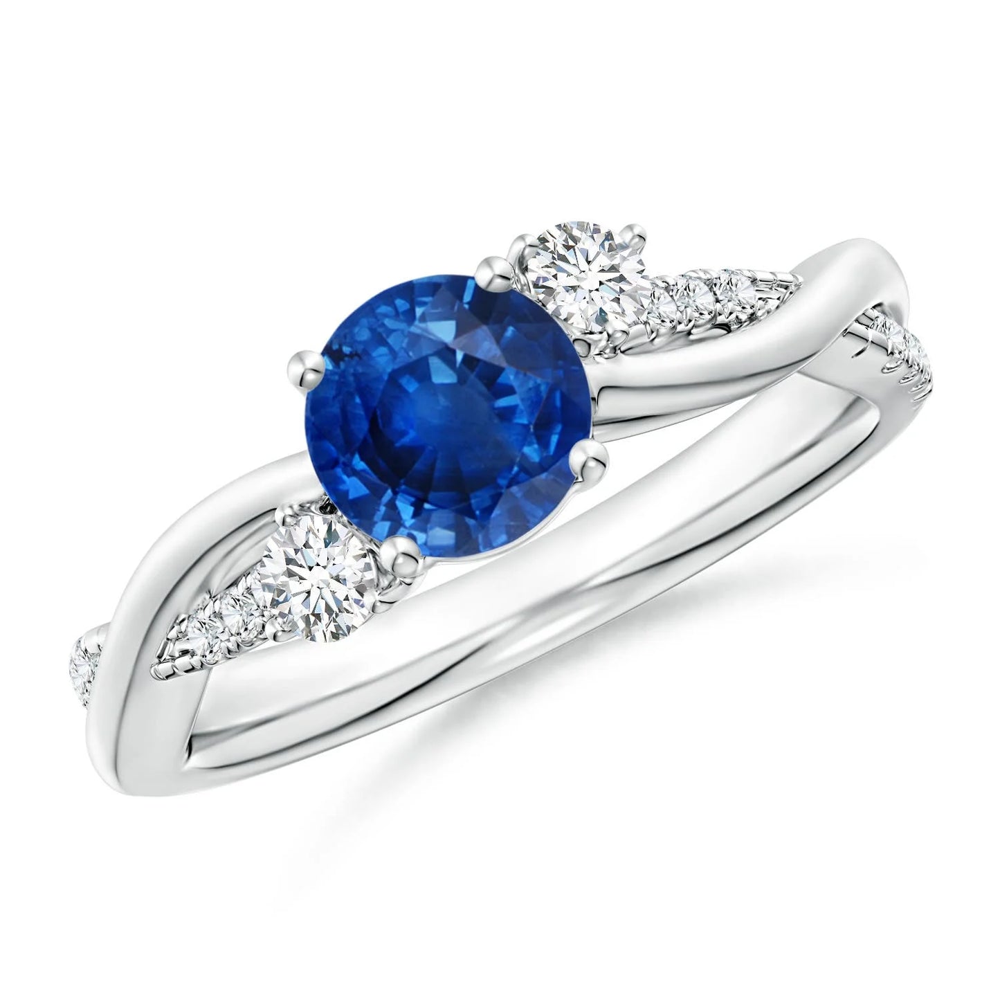 14K Solid Gold Prong Sett Round Cut Natural Blue Sapphire Ring Hot Selling 2026 Pave Diamond Accent Twisted Band Engagement Ring