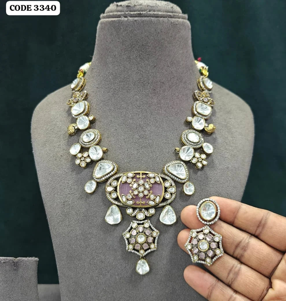 Antique Gold Plated Kundan Statement Necklace Set with Red Enamel Floral Pendant Earrings Wedding Jewelry Set For Women
