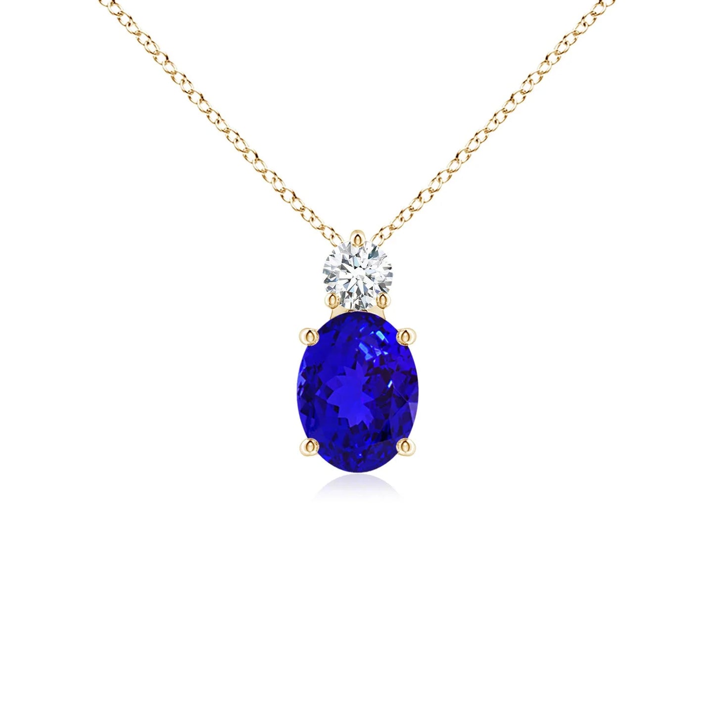 14k Solid Gold Natural Oval Blue Sapphire Solitaire Pendant With Diamond Prong Setting Two Stone Pendant Link Chain Necklace