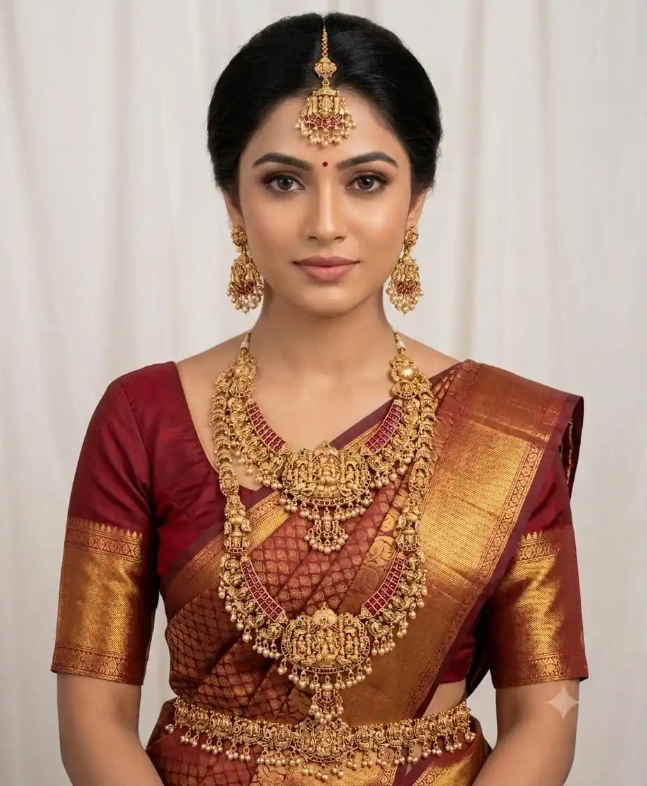 Premium Antique Temple Lakshmi Bridal Jewelry Set with Layered Necklace Traditional Wedding South Indian Gold Design