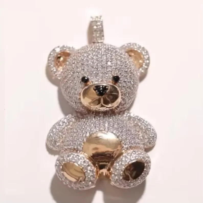BiG-BOSS Iced Teddy Bear Pendant Sterling Silver Two Tone Gold Finish Channel Set Fully Moissanite Encrusted Luxury Hip Hop Style Party