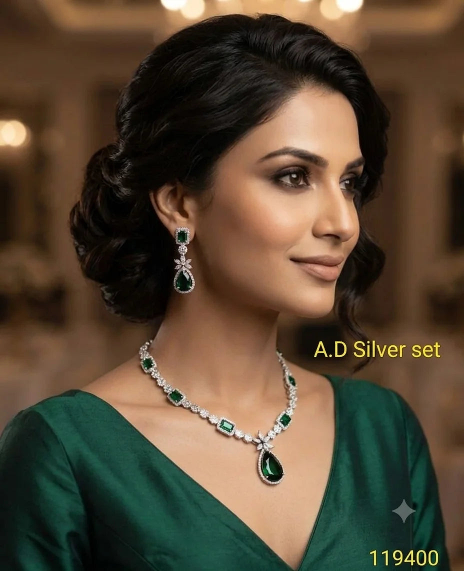 Luxury AD Silver Emerald Drop Pendant Necklace Set Premium Wedding Party Wear Jewelry with Matching Earrings for Women Set