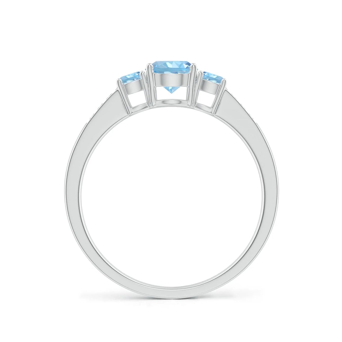 14K Gold Natural Round Brilliant Cut Aquamarine Three Gemstone Ring with Accent Diamond Band Top Selling Wedding Trilogy Ring