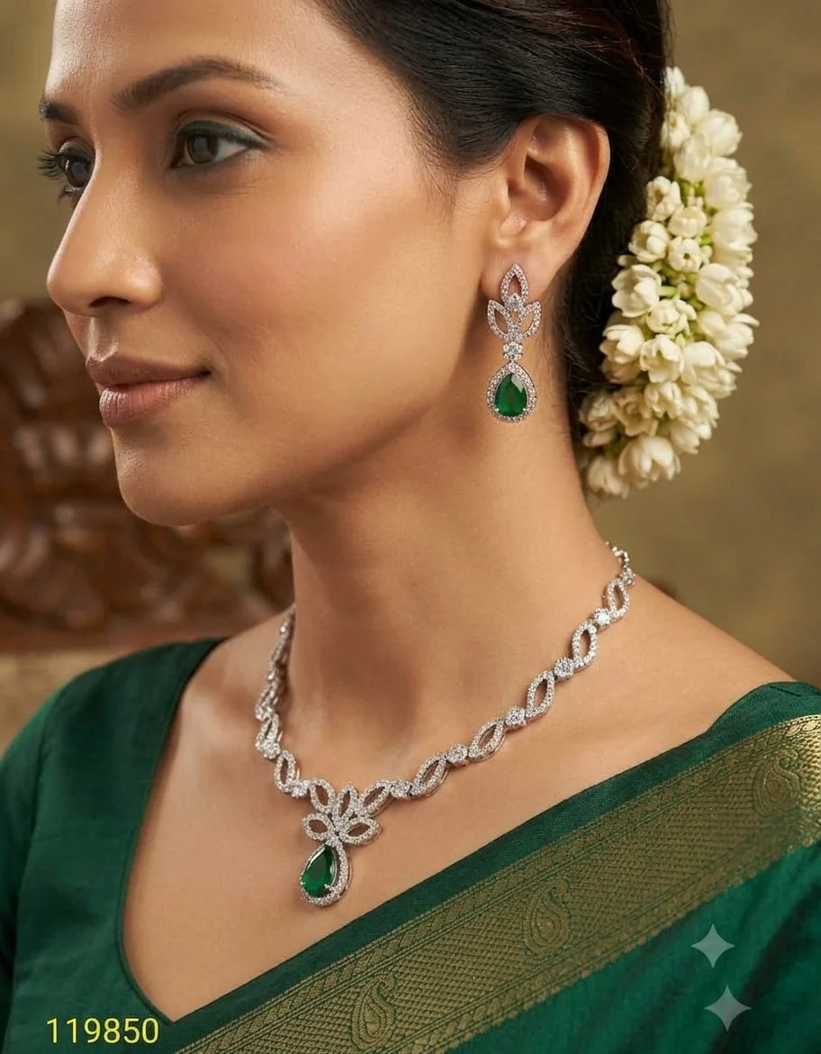 Luxury AD Silver Bridal Necklace Set with Emerald Pear Stone, Premium Wedding Party Wear Jewelry with Matching Earrings Set