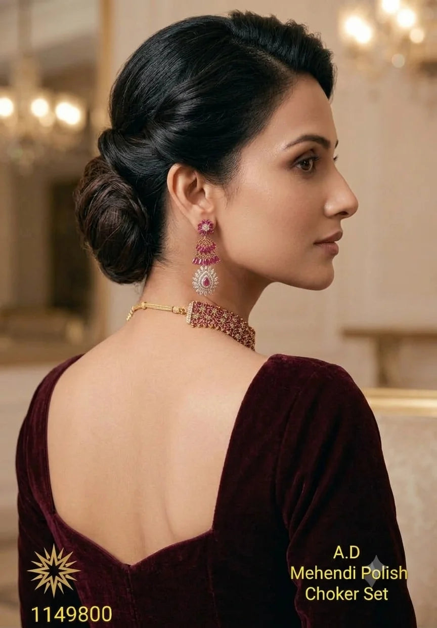 Elegant Ruby Bridal Choker Set Luxury Red Stone Mehendi Gold Plated Wedding Party Jewelry Necklace Set for Women Set For Women