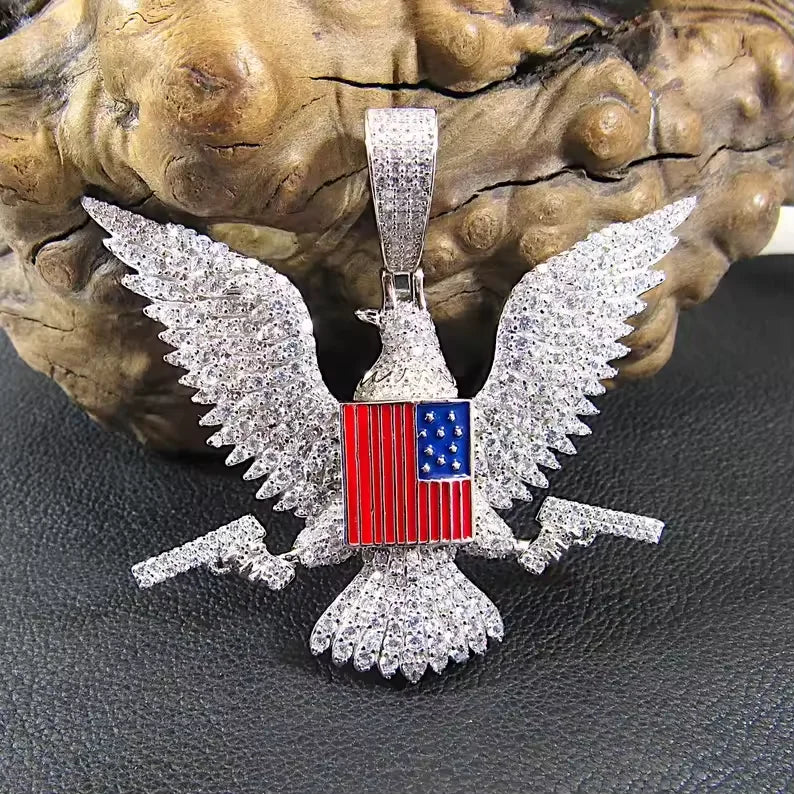 BiG-BOSS Eagle Pendant with American Flag 925 Silver Moissanite Micro Pave Themed Charm Men's Hip Hop Luxury Everyday Wear Party