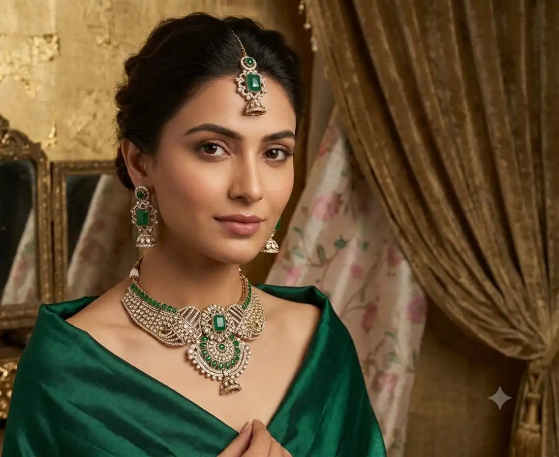Emerald Green Kundan Polki Choker Necklace Set with Matching Jhumka Earrings and Maang Tikka for Women, Traditional Jewelry Set