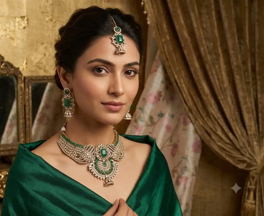 Lakshmi Emerald Green Kundan Polki Choker Necklace Set with Matching Jhumka Earrings and Maang Tikka for Women, Traditional Jewelry Set