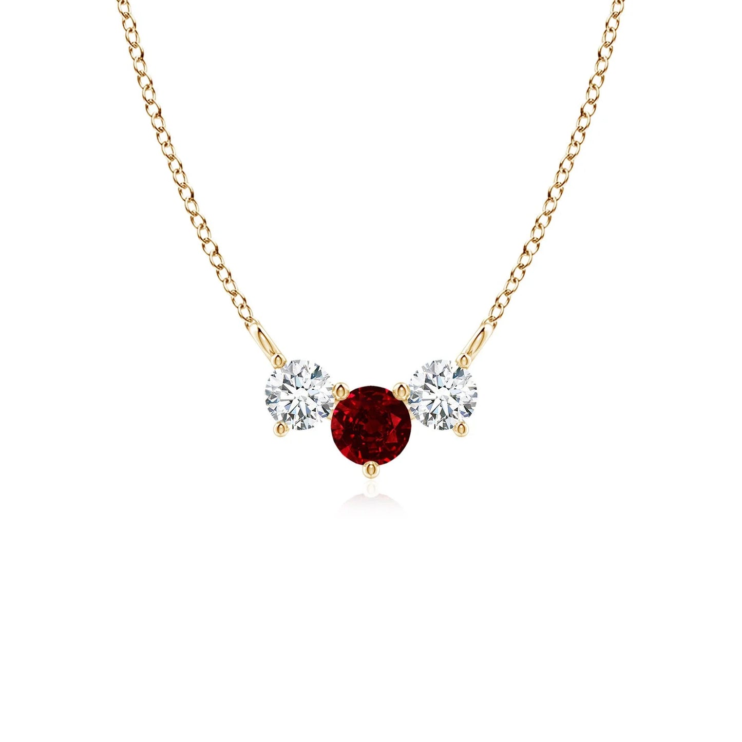 14K 18K Gold Genuine Round Cut Ruby & Two Diamond Three Stone Pendant Unique Style IGI Certified Pendant Link Chain Necklace