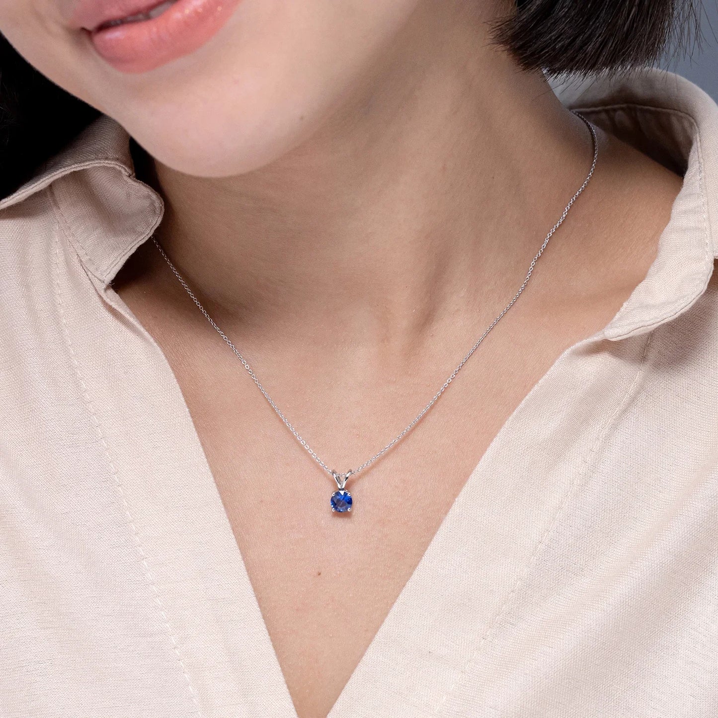 14K Solid Gold Natural Round Cut Blue Sapphire V-Bale Solitaire 4 Prong Set Pendant High Quality IGI Certified Gemstone Pendant