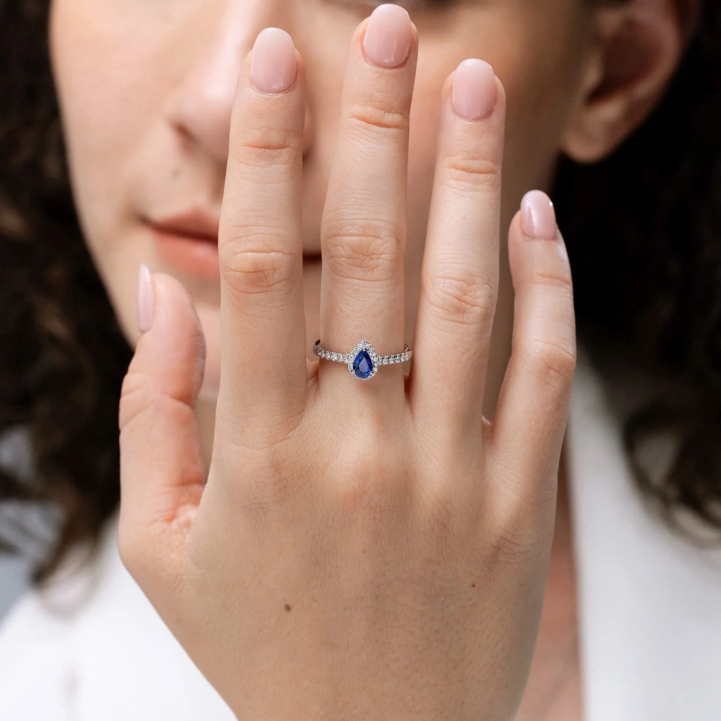 Elegant 14K Gold 0.44ct Pear Cut Blue Sapphire Halo Ring Pave Setting Certified Diamond Band Custom Fine Jewelry Engagement Ring