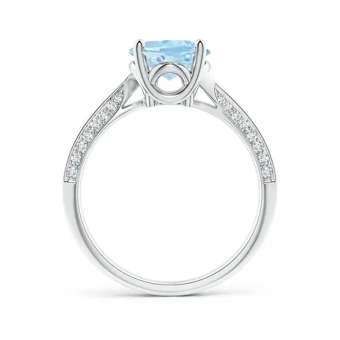 14K Pure Gold 10*8MM Oval Cut Natural 2.42Ctw Aquamarine Bypass Ring with Pave Sett 0.22Ct Diamond Accents Certified Trendy Ring