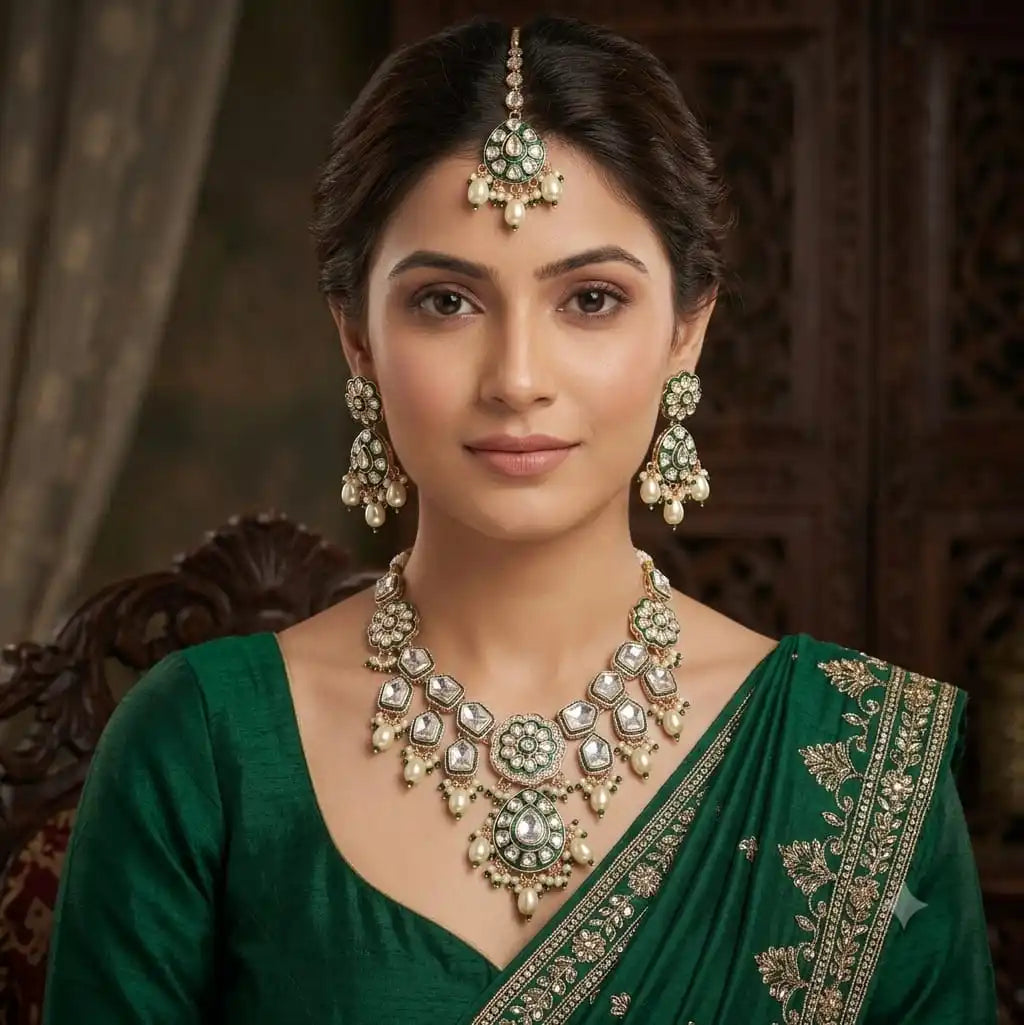 Luxury Emerald Green AD Polki Necklace Set with Matching Earrings and Maang Tikka American Diamond Cubic Zirconia jewellery set