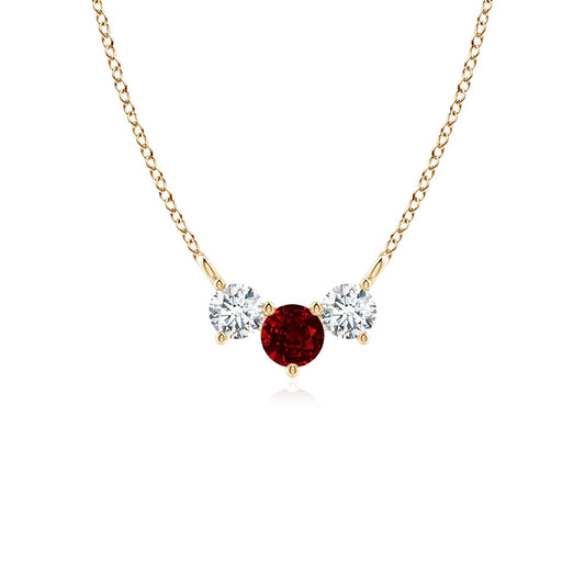 14K 18K Gold Genuine Round Cut Ruby & Two Diamond Three Stone Pendant Unique Style IGI Certified Pendant Link Chain Necklace
