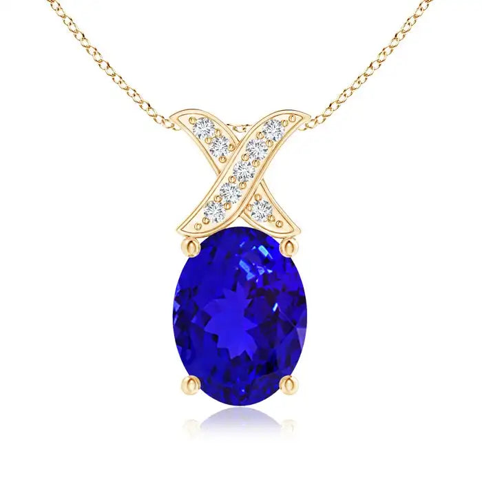 3.04G14K Gold 8x6MM 1.1Ctw Oval Cut Tanzanite "XO" Shape Pendant With Pave Sett Diamonds Unisex Fine Jewelry Luxury Pendant OEM