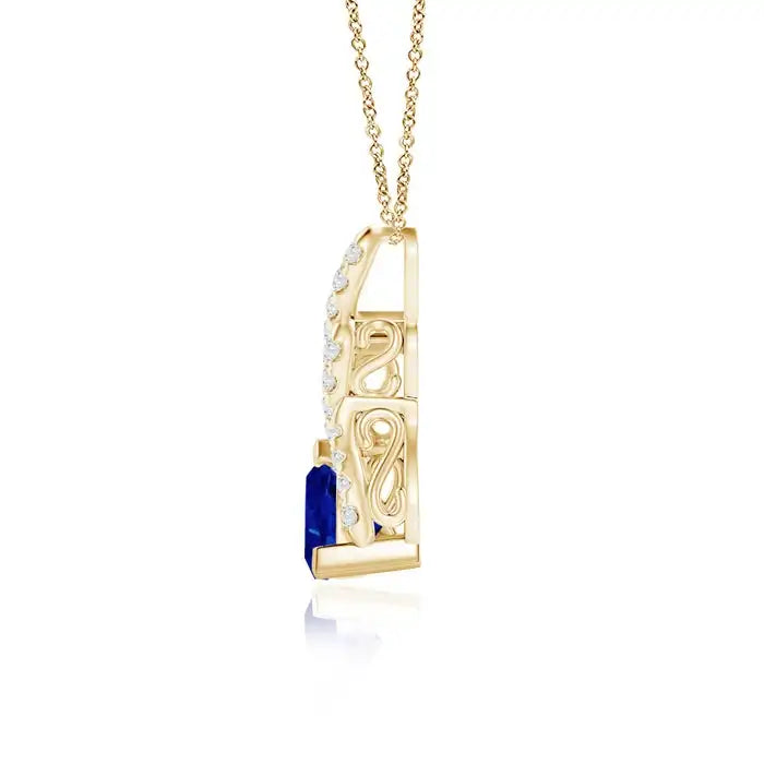 High Quality Trillion Cut Natural Blue Sapphire Solitaire Pendant With Diamond Swirl Design Bale 14K Solid Gold Gemstone Pendant