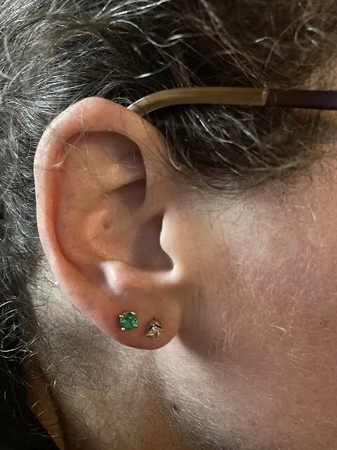 Round Cut Emerald Stud Earrings, 14kt Solid Gold Prong Set Engagement Women Fine Studs Luxury Earrings May Birthstone Jewelry