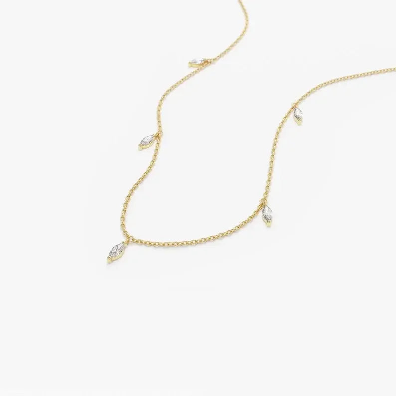 9K Solid Gold Brilliant Cut Natural Dangling Diamond Dainty Bridal Engagement Necklace 5 Stones 0.36 Cts Unisex Multi Diamond
