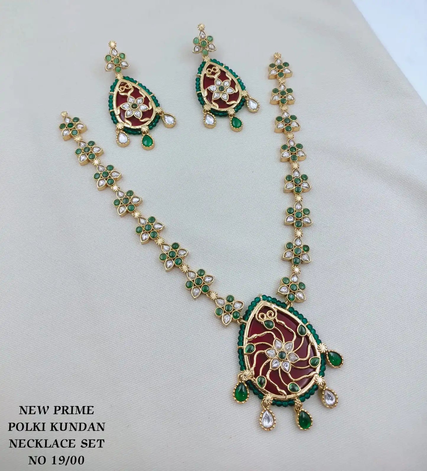 Luxury Emerald Floral Polki Kundan Pendant Necklace Set with Matching Earrings Traditional Wedding Jewellery for Women Set