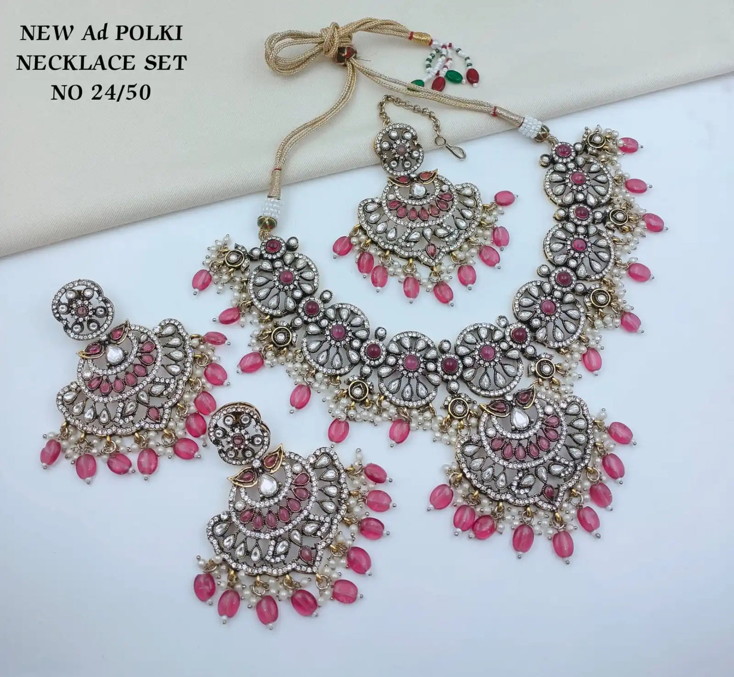 Luxury Pink Floral AD Necklace Set with Matching Earrings and Maang Tikka Cubic Zirconia Rhodium Plated Bridal Wedding For Women