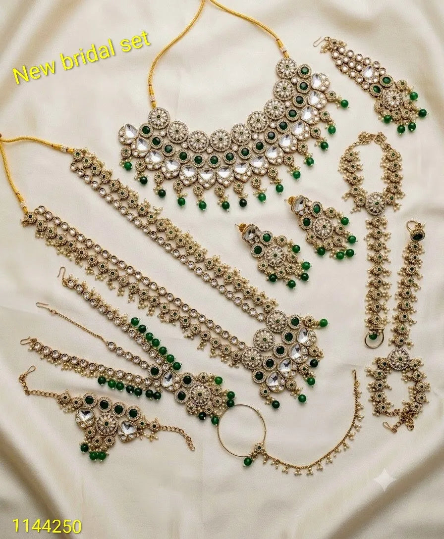 Luxury Green Kundan Bridal Jewelry Set for Women Gold Plated Polki Necklace Set with Maang Tikka Wedding Collection Wedding Set