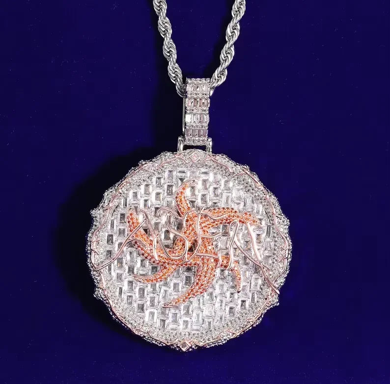 BiG-BOSS Iced Out Round Flame Moissanite Pendant with Bezel Setting in Silver and Rose Gold Tone Hip Hop Jewelry for Men and Women
