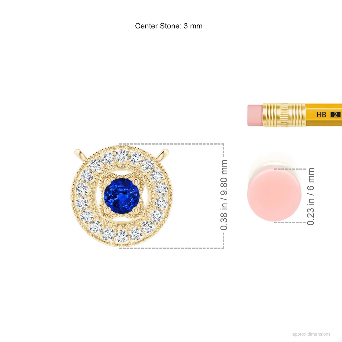 18K Solid Vintage Style Natural 2.5MM Round Cut 0.06 Ctw Blue Sapphire Halo Pendant with 0.06Ct Real Diamond Milgrain Detailing
