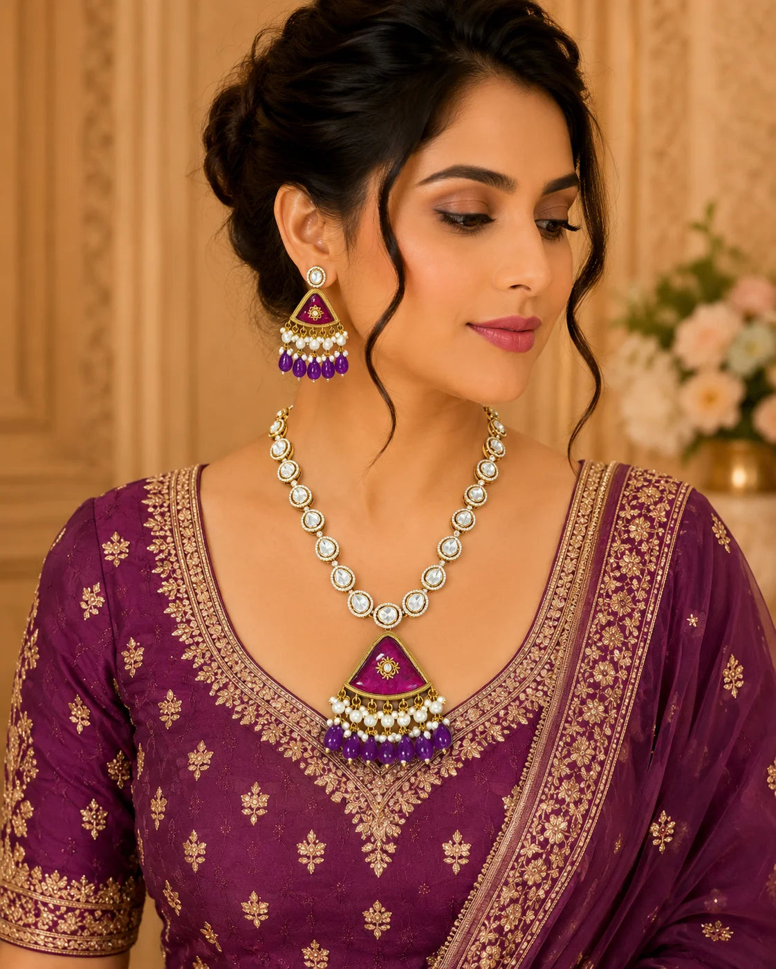 Luxury Purple Kundan Long Pendant Necklace Set with American Diamond Pearl Gold Plated Bridal Wedding Party Wear Jewelry Set