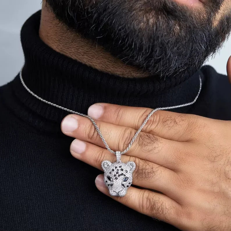 BiG-BOSS Iced Out Sterling Silver Channel Set Panther Head Pendant for Men with Moissanite in Bold Luxury Hip Hop Jewelry Style Party