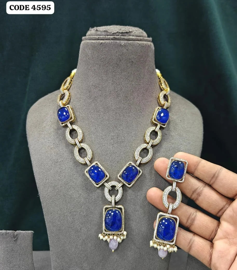 Luxury Emerald Green Link Chain Necklace Set with American Diamond Gold Plated Bridal Wedding Party Wear Jewelry Set for Women