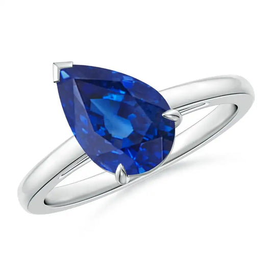 Angled Pear Blue Sapphire Curved Solitaire Engagement Ring Handmade Customized Fine Jewelry Wedding 14K Solid Gold
